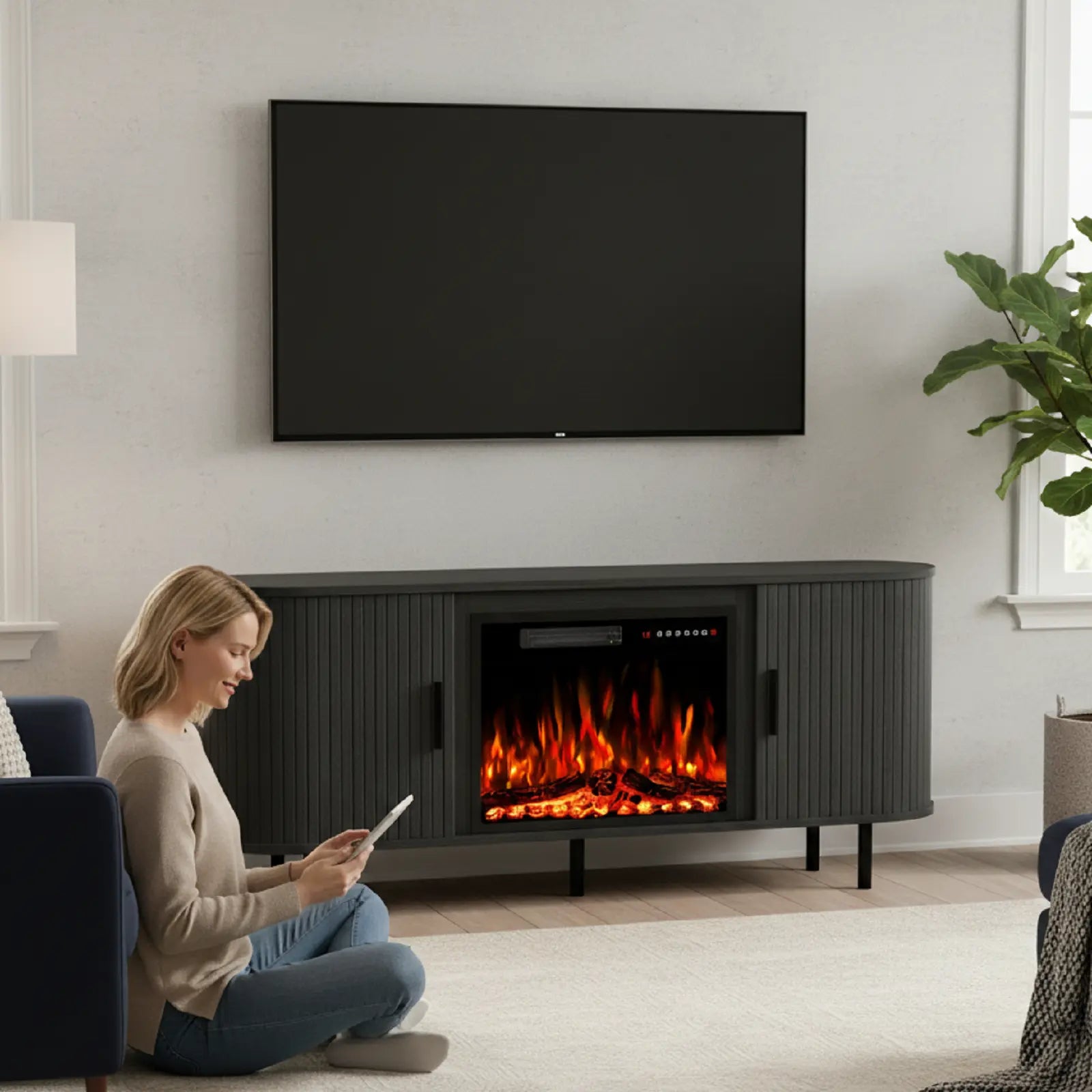 65" Black Wood Fireplace Entertainment Center With Fireplace Homeroots Living Room