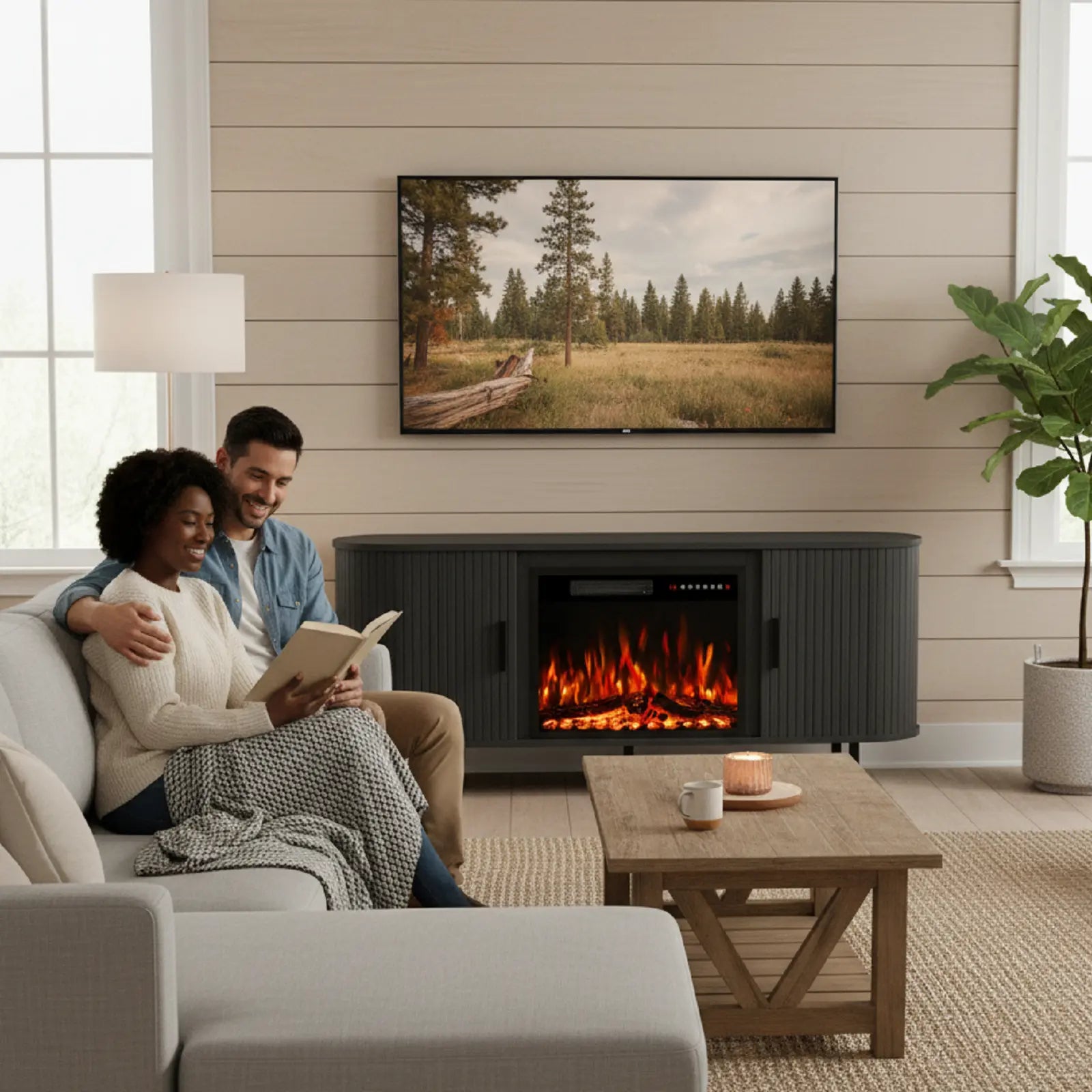 65" Black Wood Fireplace Entertainment Center With Fireplace Homeroots Living Room