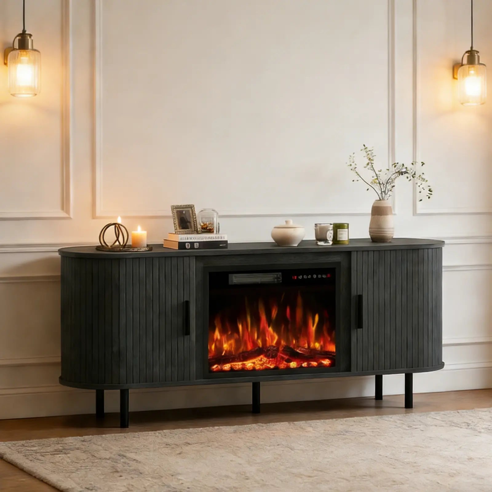 65" Black Wood Fireplace Entertainment Center With Fireplace Homeroots Living Room