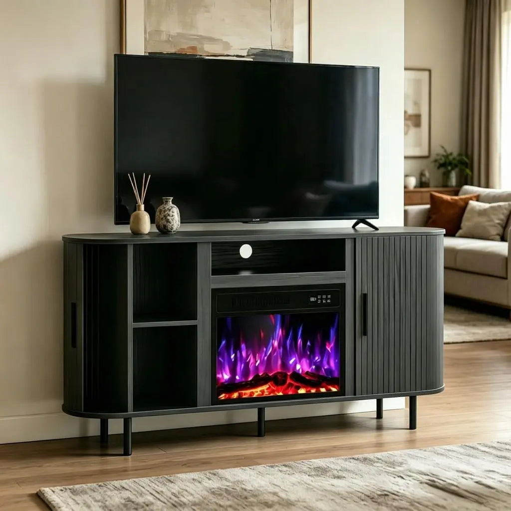 65" Black Wood Fireplace TV Stand With Fireplace Homeroots Living Room
