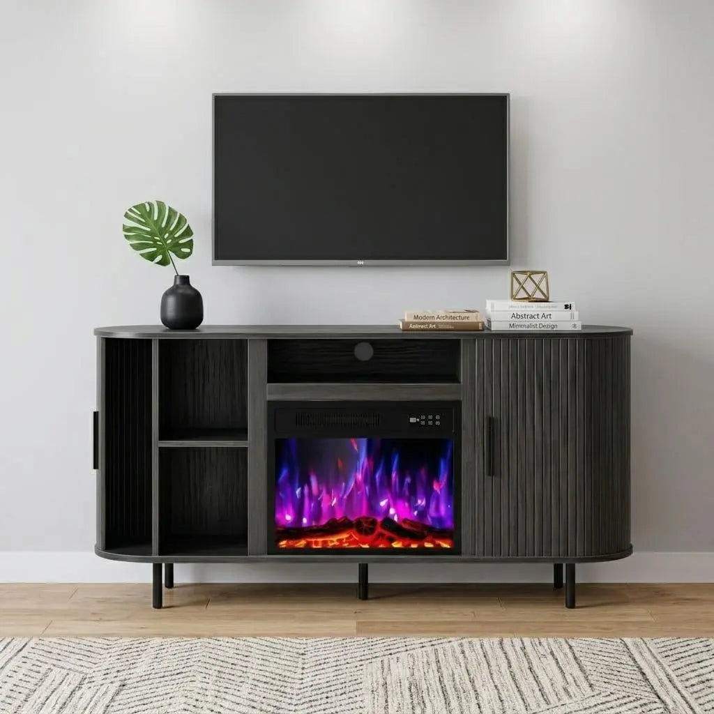 65" Black Wood Fireplace TV Stand With Fireplace Homeroots Living Room