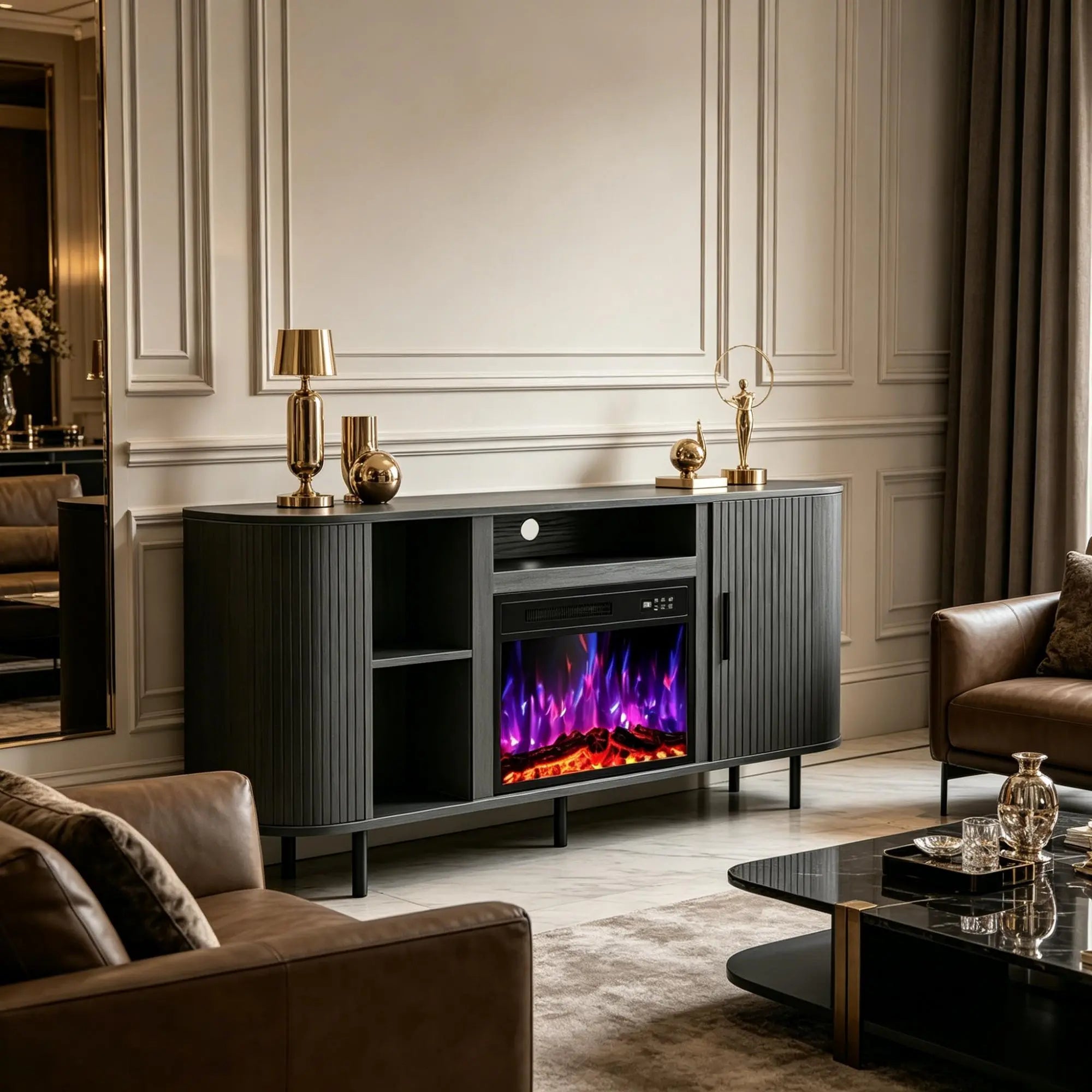 65" Black Wood Fireplace TV Stand With Fireplace Homeroots Living Room