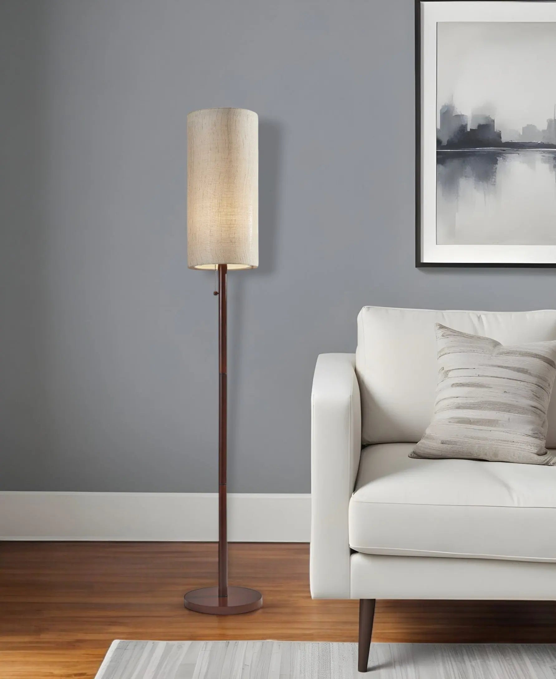 65" Brown Solid Wood Floor Lamp With Beige Linen Drum Shade - GreatEagleInc