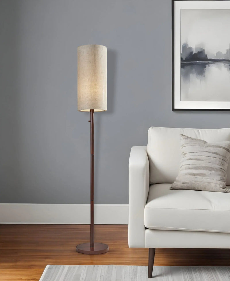 65" Brown Solid Wood Floor Lamp With Beige Linen Drum Shade - GreatEagleInc