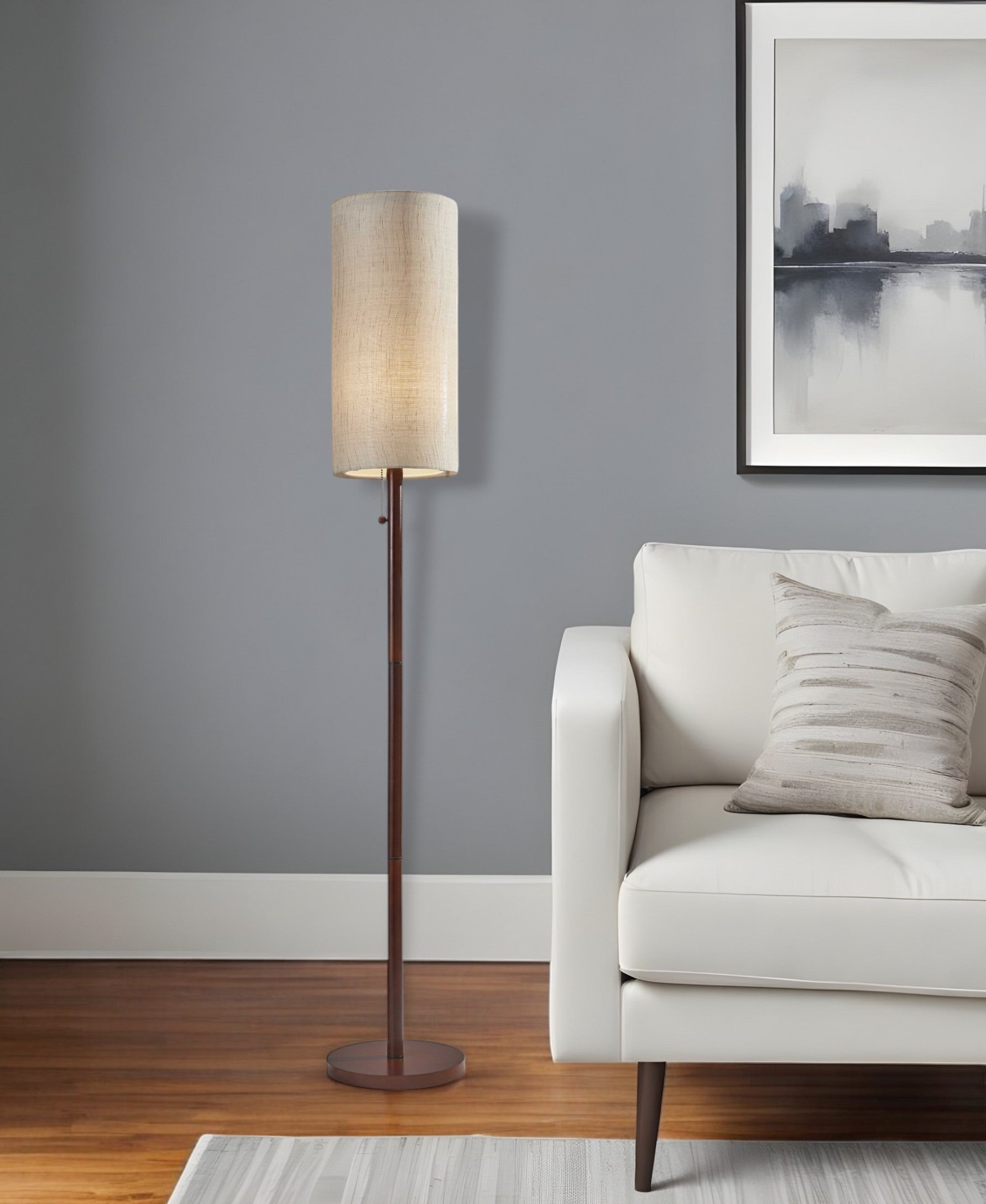 65" Brown Solid Wood Floor Lamp With Beige Linen Drum Shade - GreatEagleInc