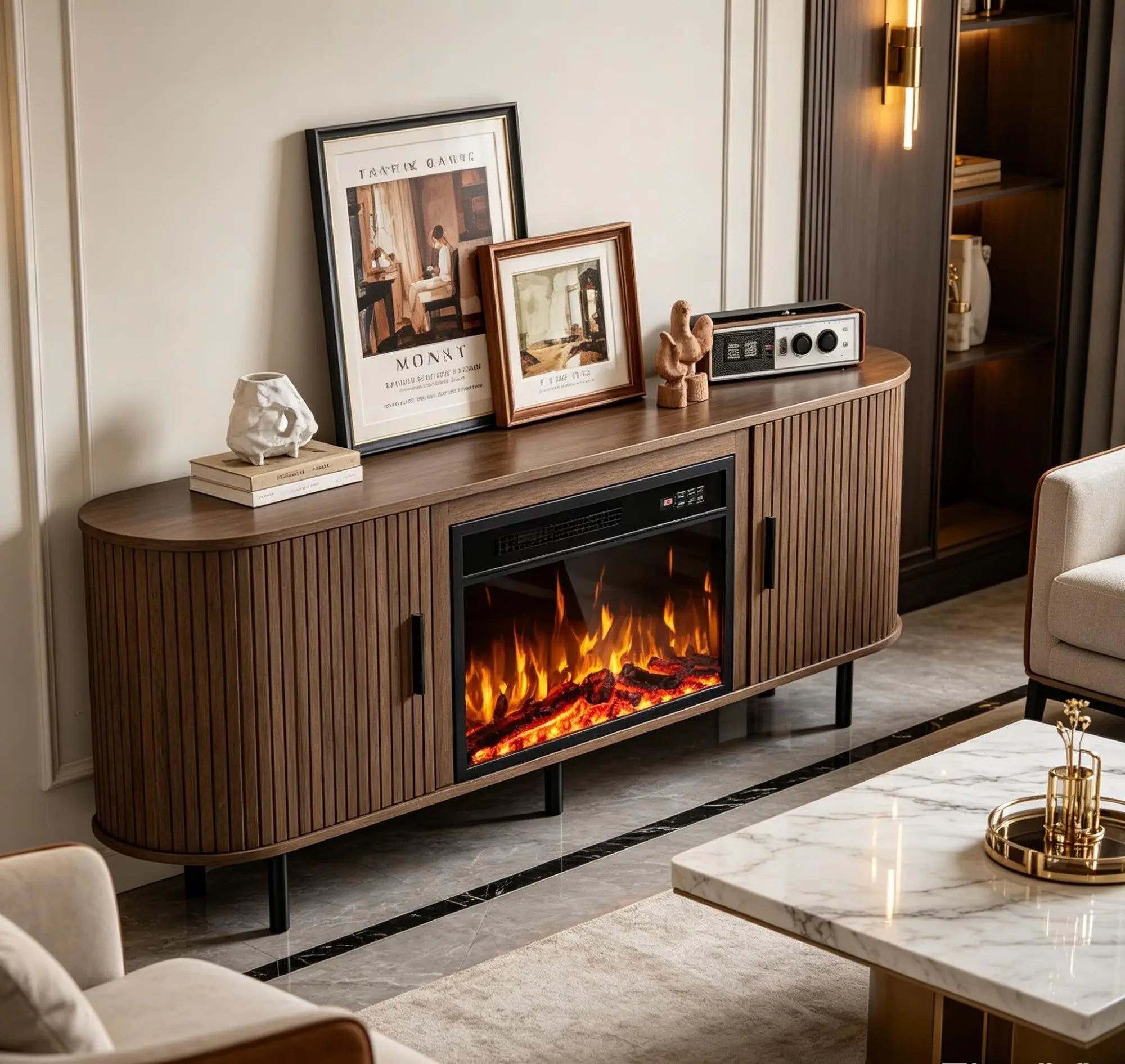 65" Brown Wood Fireplace TV Stand With Fireplace Homeroots Living Room