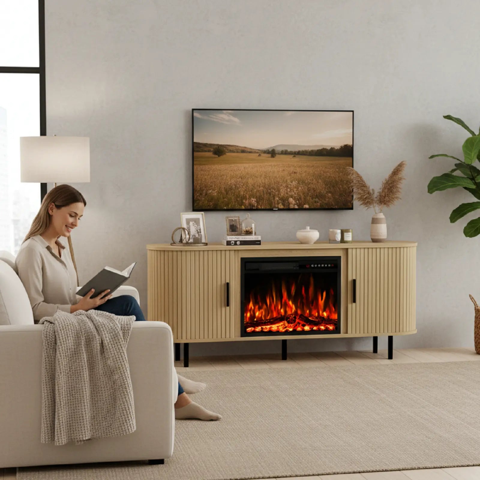 65" White Wood Fireplace Entertainment Center With Fireplace Homeroots Living Room