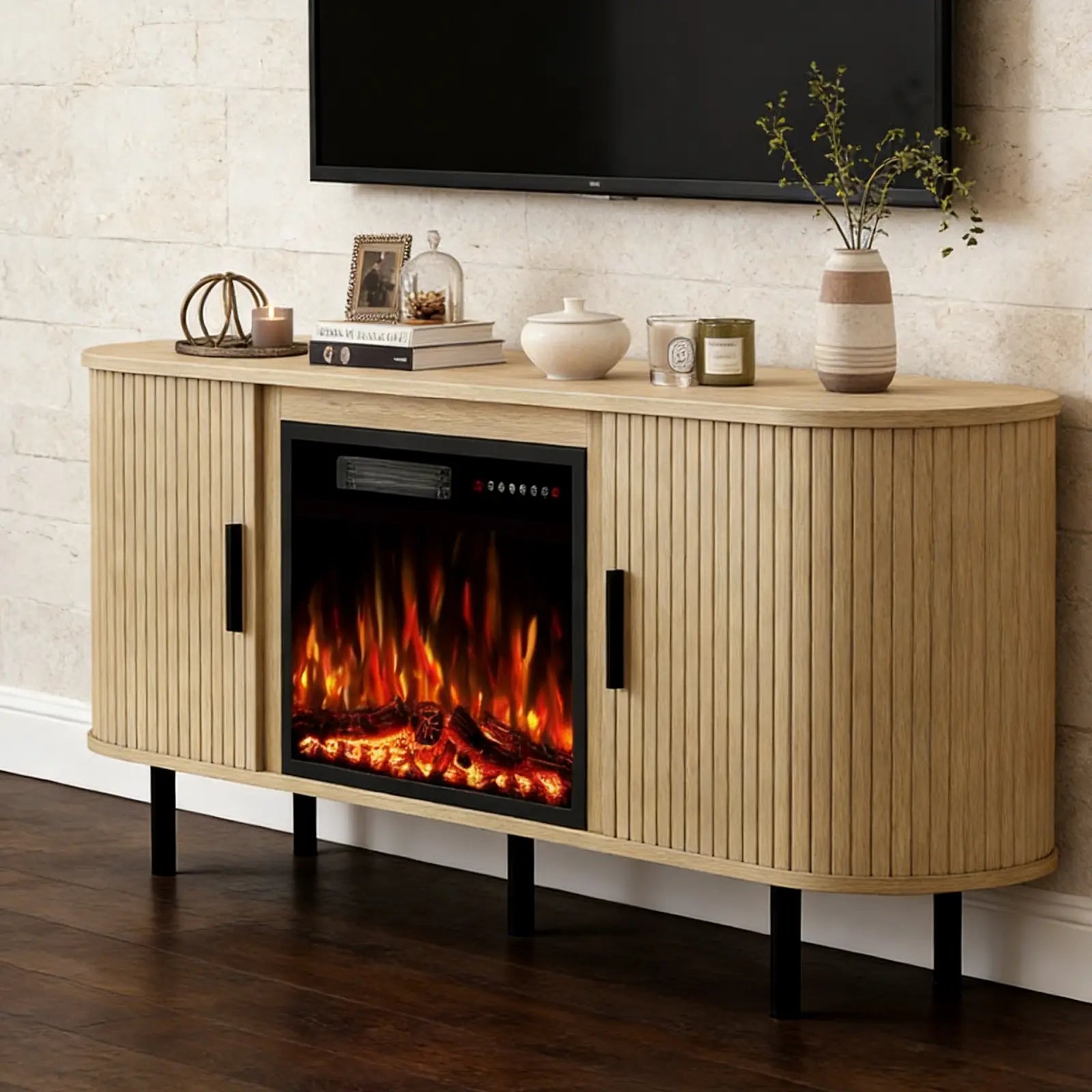 65" White Wood Fireplace Entertainment Center With Fireplace Homeroots Living Room