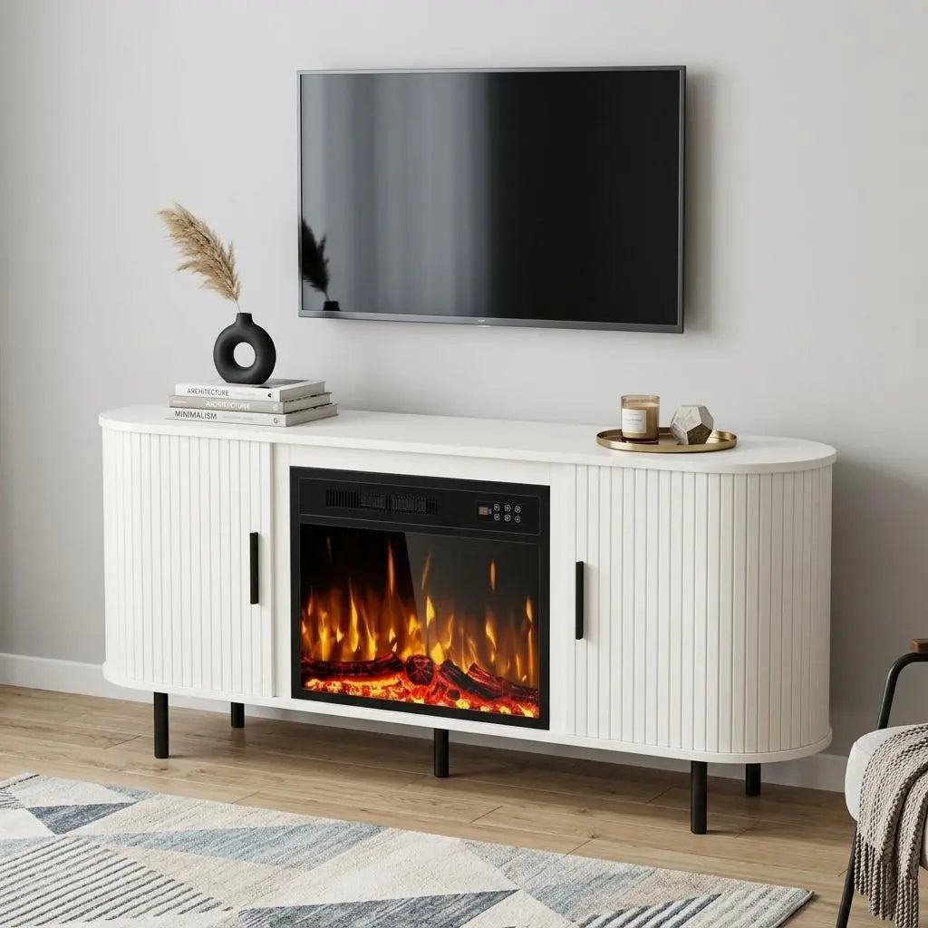 65" White Wood Fireplace TV Stand With Fireplace Homeroots Living Room