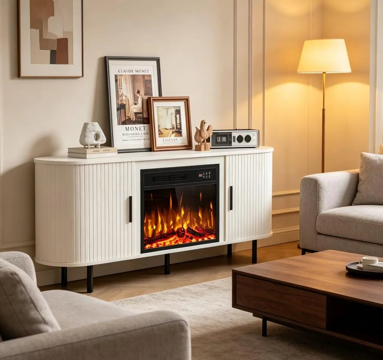 65" White Wood Fireplace TV Stand With Fireplace Homeroots Living Room