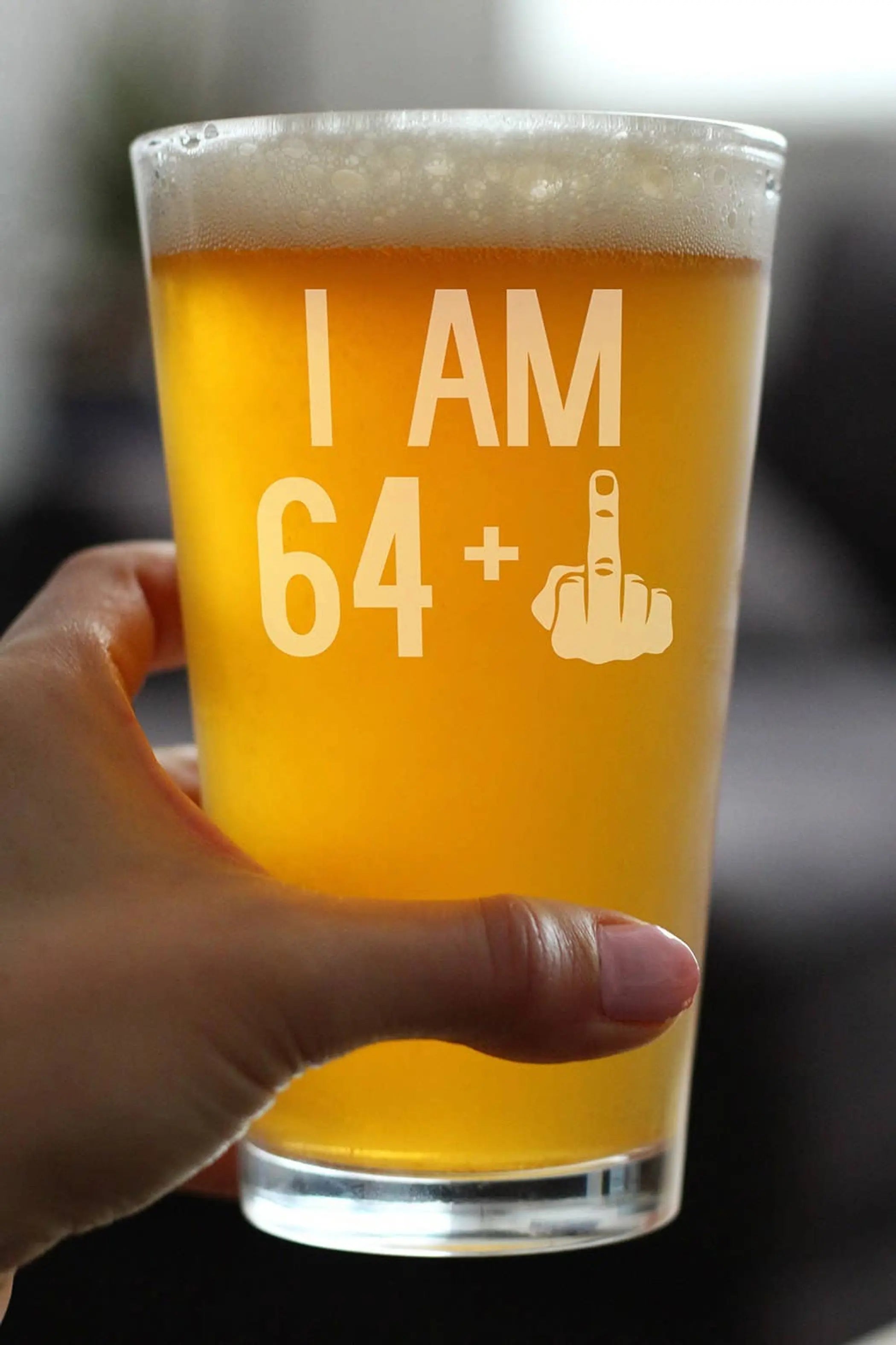 65th Birthday Gifts - 64 Middle Finger Pint Glass for Beer Bevvee