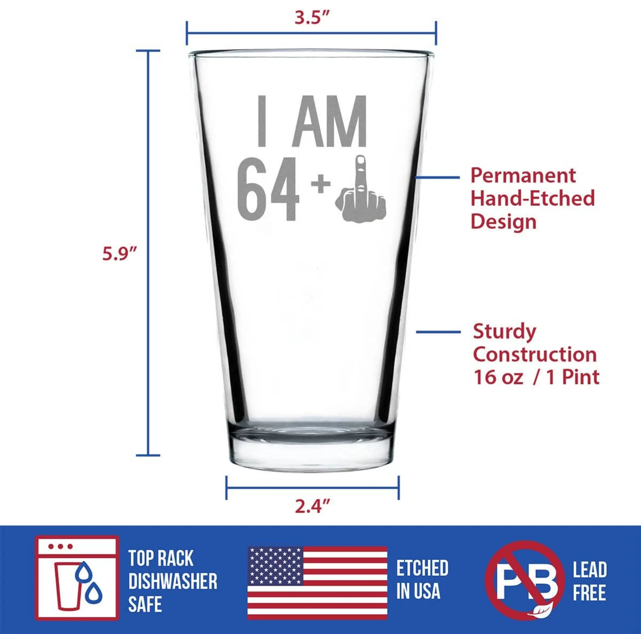 65th Birthday Gifts - 64 Middle Finger Pint Glass for Beer Bevvee