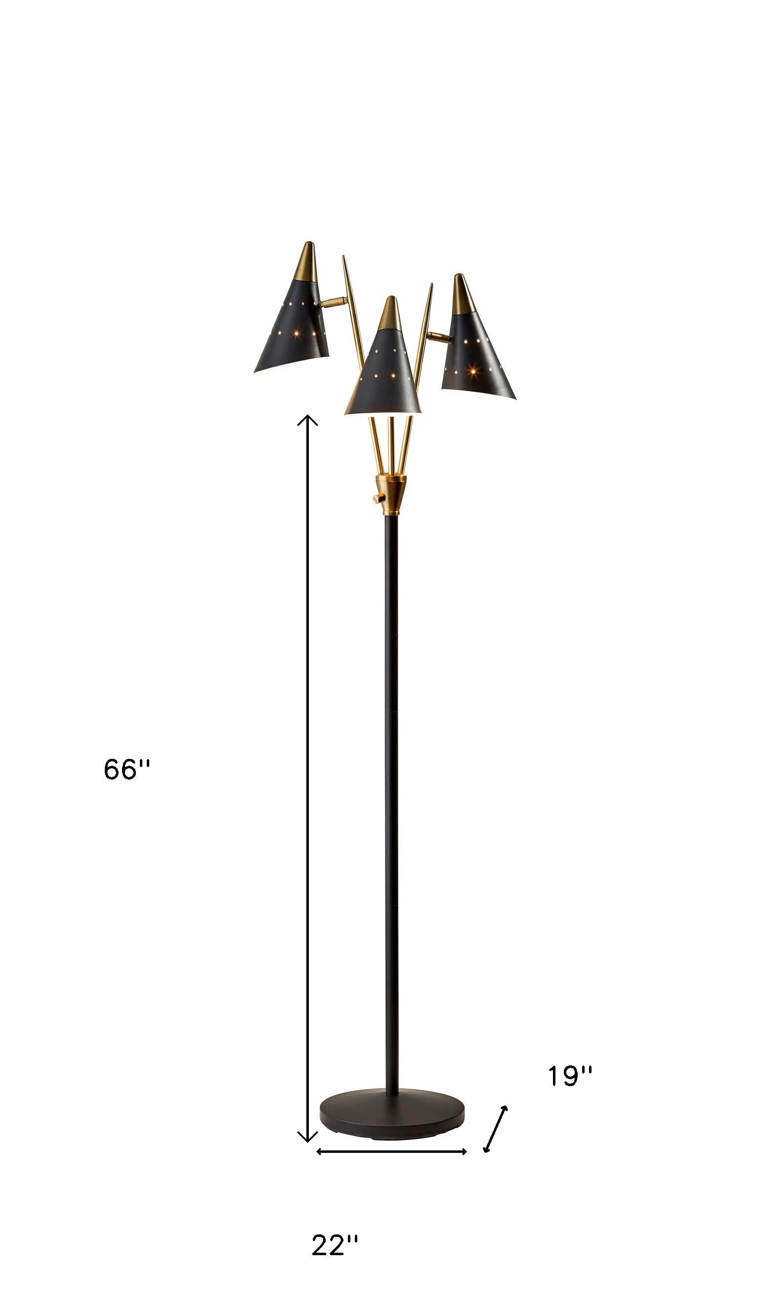 66" Black And Gold Metal Three Light Novelty Floor Lamp With Black Metal Cone Shade - GreatEagleInc