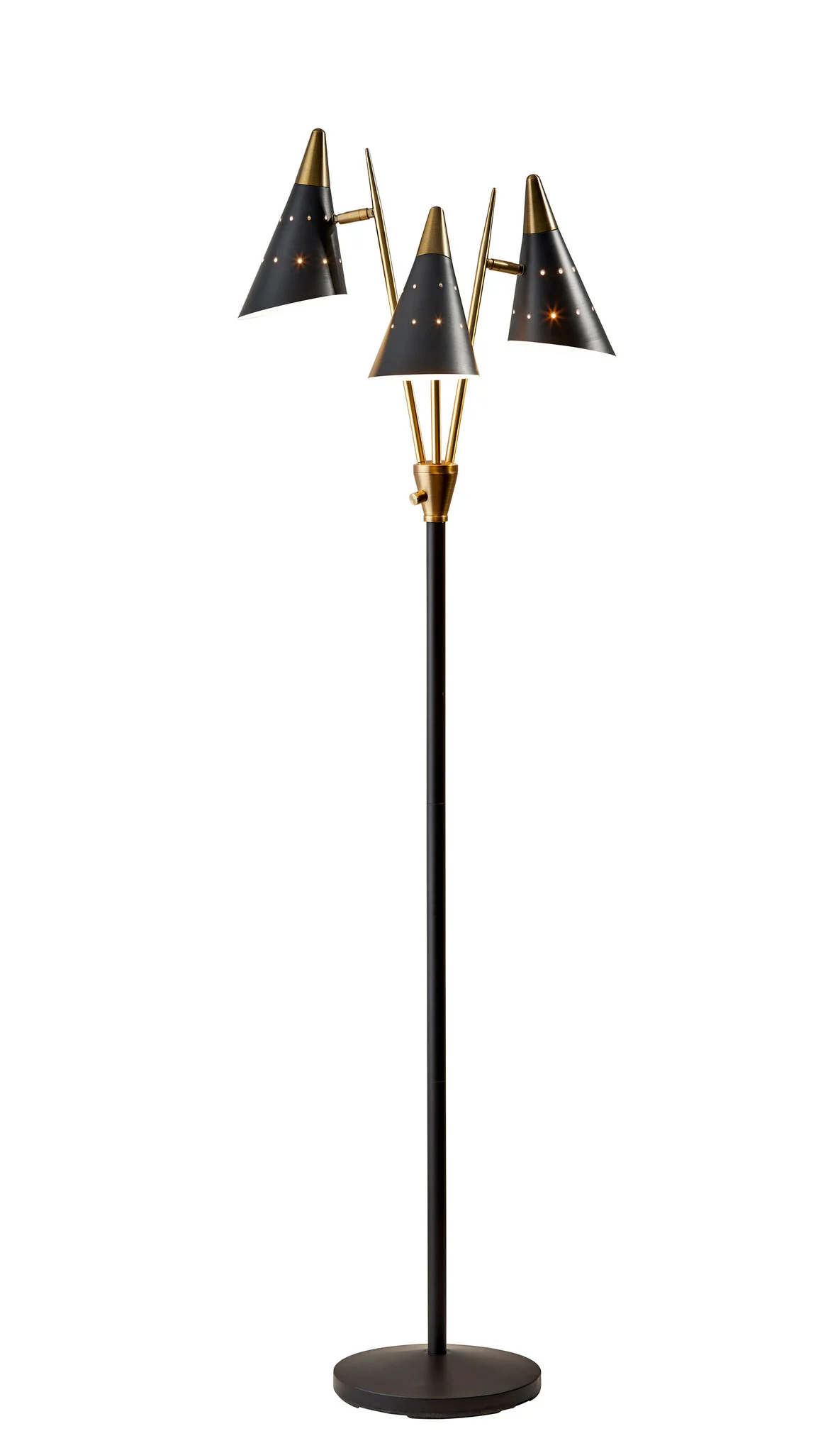 66" Black And Gold Metal Three Light Novelty Floor Lamp With Black Metal Cone Shade - GreatEagleInc
