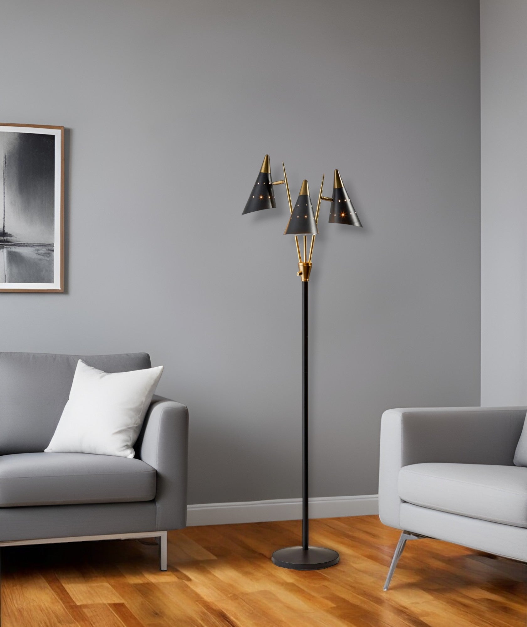 66" Black And Gold Metal Three Light Novelty Floor Lamp With Black Metal Cone Shade - GreatEagleInc