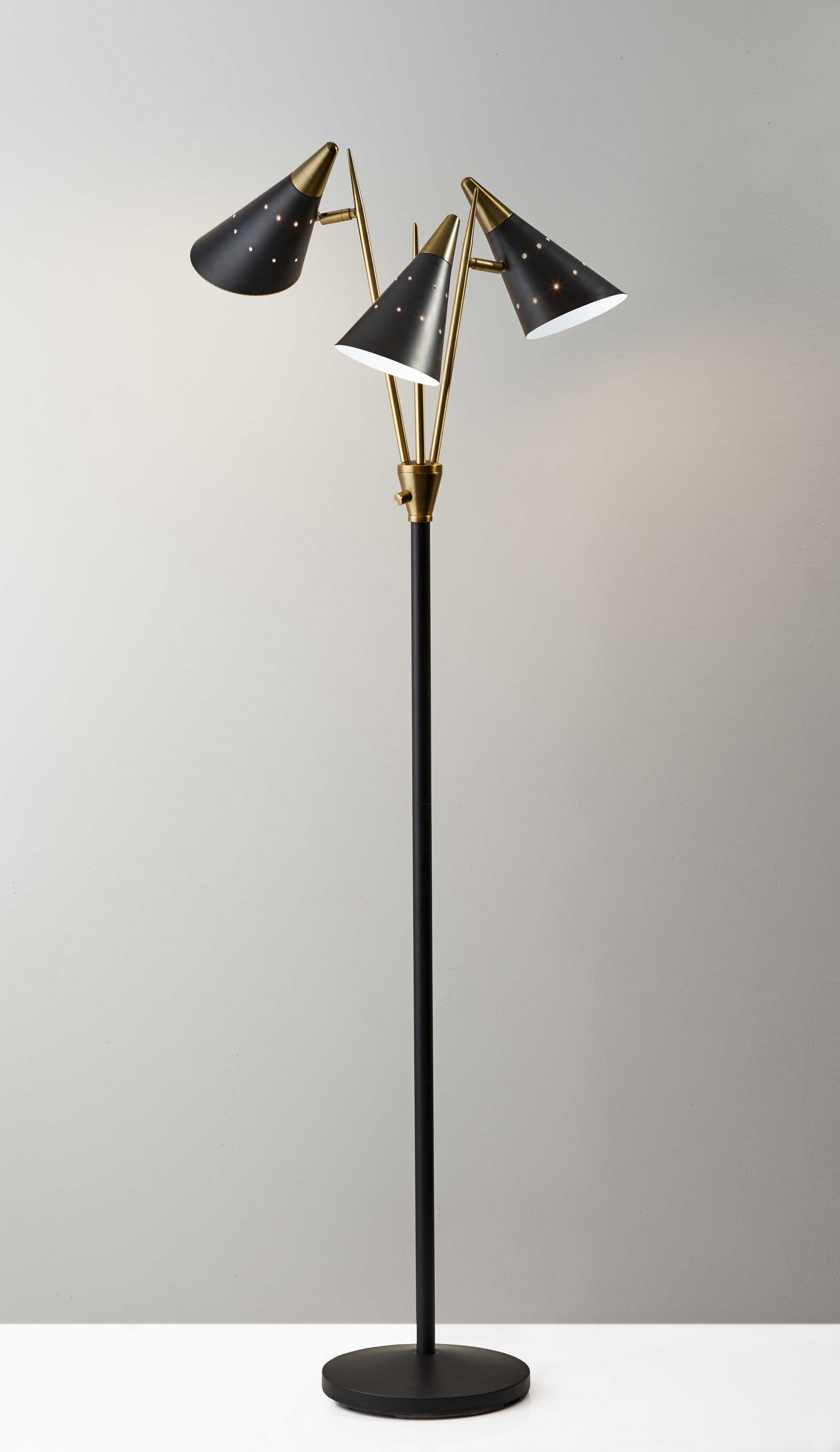 66" Black And Gold Metal Three Light Novelty Floor Lamp With Black Metal Cone Shade - GreatEagleInc