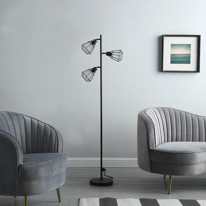 66" Black Metal Three Light Tree Floor Lamp With Black Metal Cage Shade Homeroots Lighting