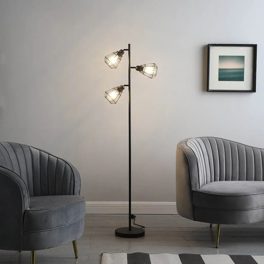 66" Black Metal Three Light Tree Floor Lamp With Black Metal Cage Shade Homeroots Lighting