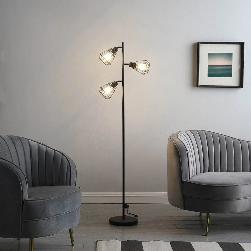 66" Black Metal Three Light Tree Floor Lamp With Black Metal Cage Shade Homeroots Lighting