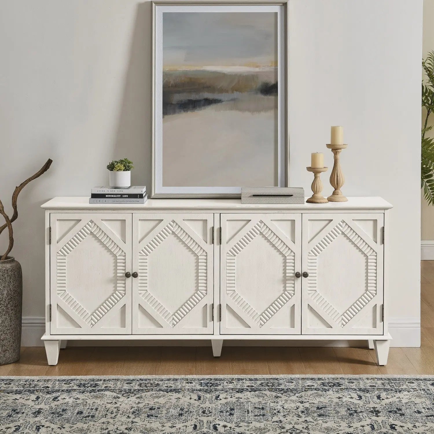 66" Black Wood Carved Geometric Accent Cabinet With Four Doors Homeroots Kitchen & Dining