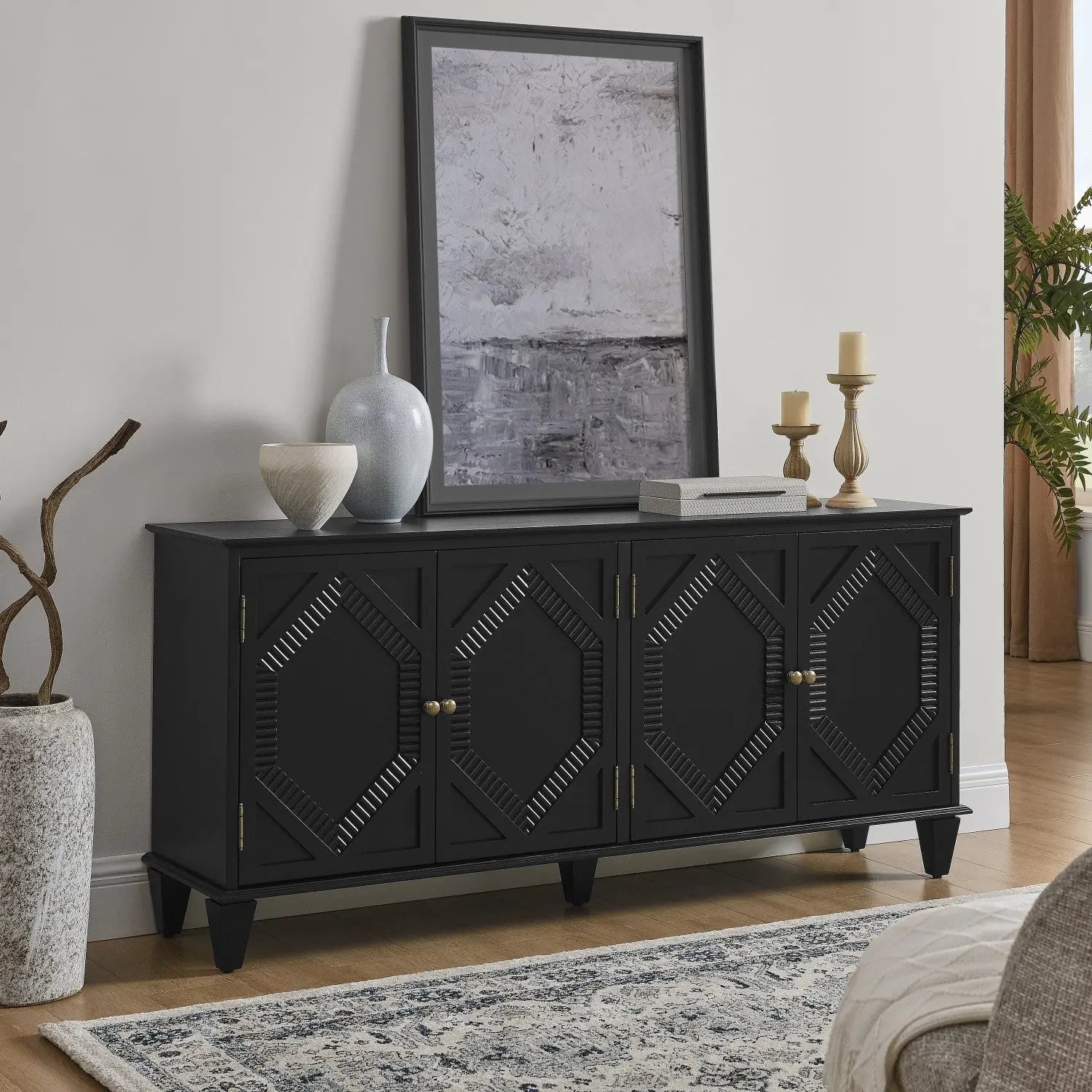 66" Black Wood Carved Geometric Accent Cabinet With Four Doors Homeroots Kitchen & Dining