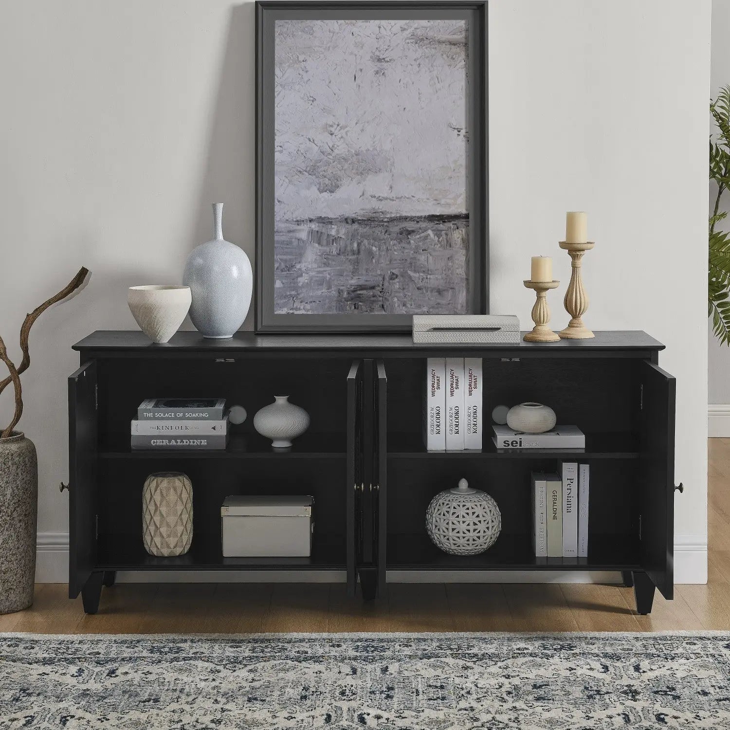 66" Black Wood Carved Geometric Accent Cabinet With Four Doors Homeroots Kitchen & Dining