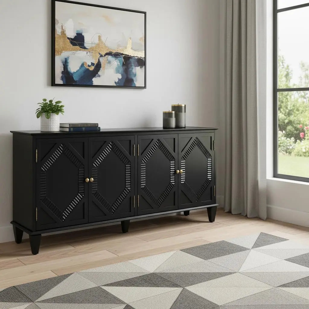 66" Black Wood Carved Geometric Accent Cabinet With Four Doors Homeroots Kitchen & Dining