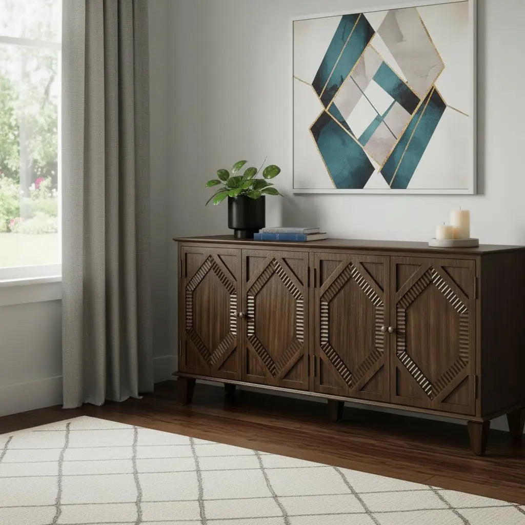 66" Brown Wood Carved Geometric Accent Cabinet With Four Doors Homeroots Kitchen & Dining
