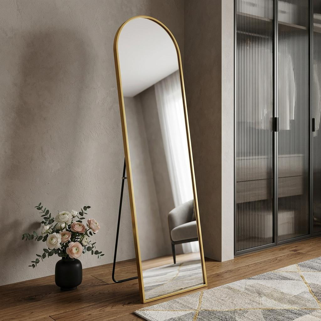 66" Gold Aluminum Arch Wall Mounted And Freestanding Framed Full Length Mirror Homeroots Bed & Bath