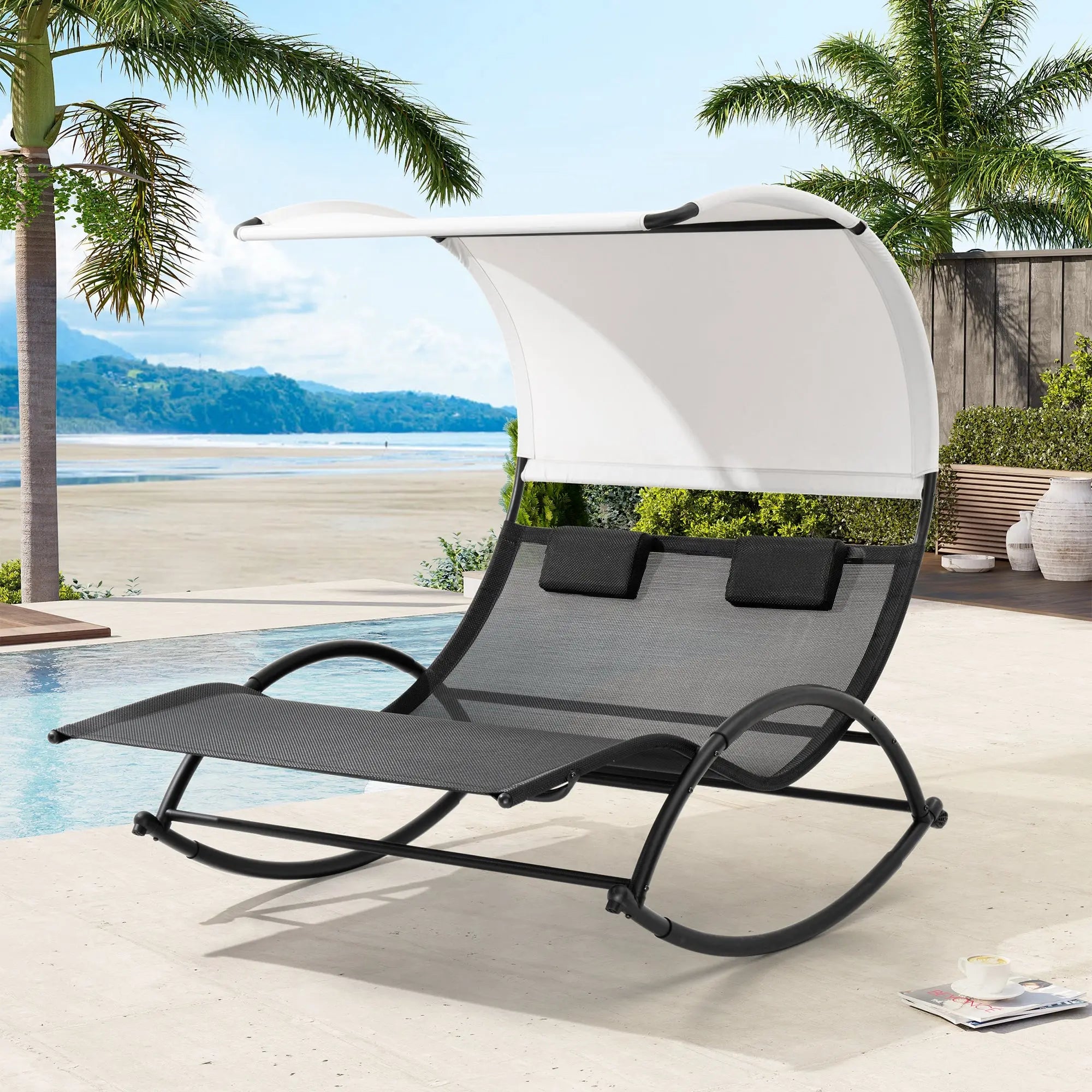 67" Black Aluminum Six Position Adjustable Outdoor Chaise Lounge With Canopy Homeroots Outdoor
