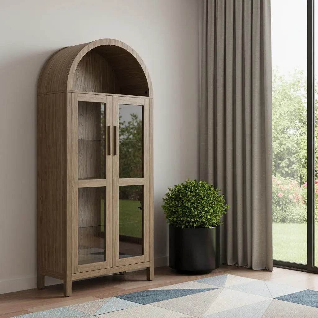 67" Brown Wood Oval Accent Cabinet With Two Doors Homeroots Kitchen & Dining