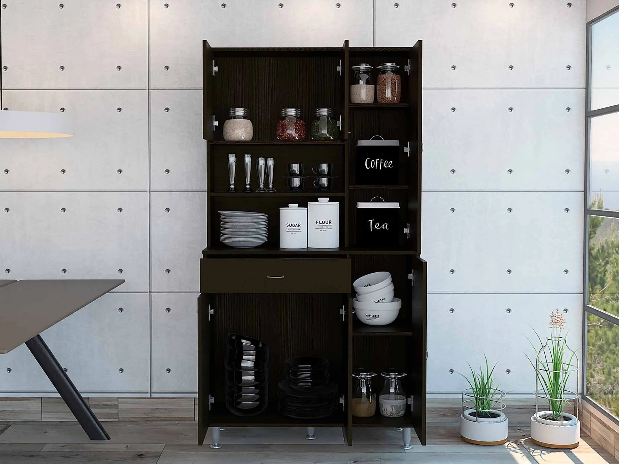 67" Modern Black Pantry Cabinet with Five Shelves Homeroots Kitchen & Dining
