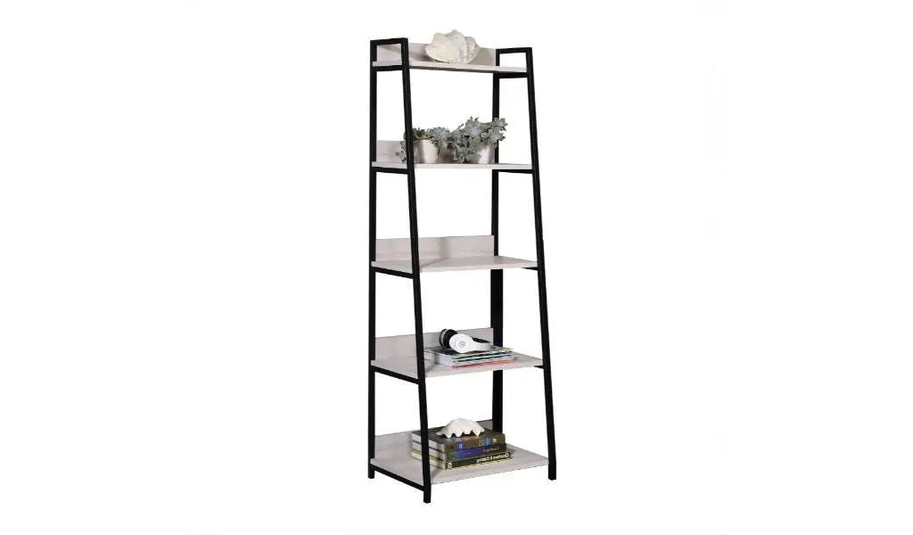 67" Natural and Black Metal Five Tier Ladder Bookcase Homeroots Office