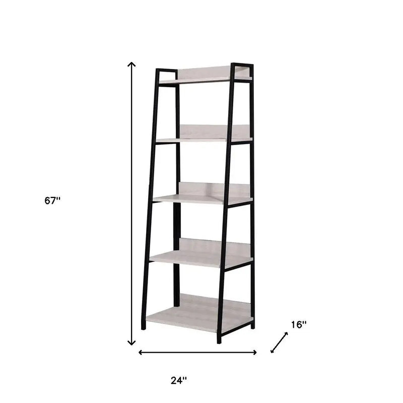 67" Natural and Black Metal Five Tier Ladder Bookcase Homeroots Office