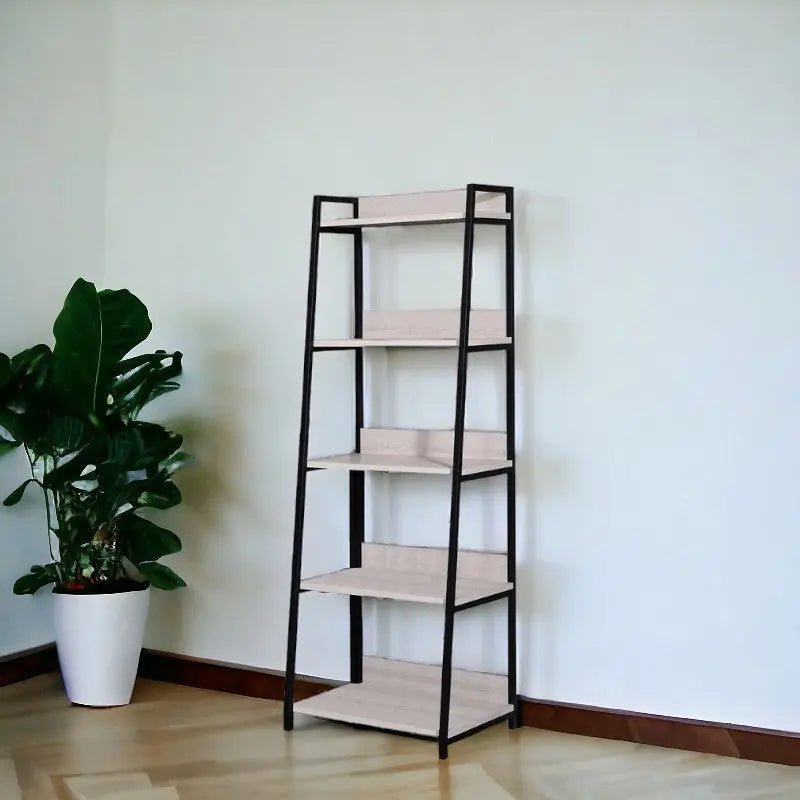 67" Natural and Black Metal Five Tier Ladder Bookcase Homeroots Office
