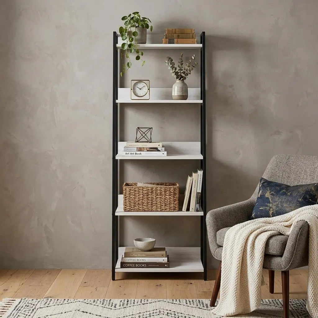 67" Natural and Black Metal Five Tier Ladder Bookcase Homeroots Office