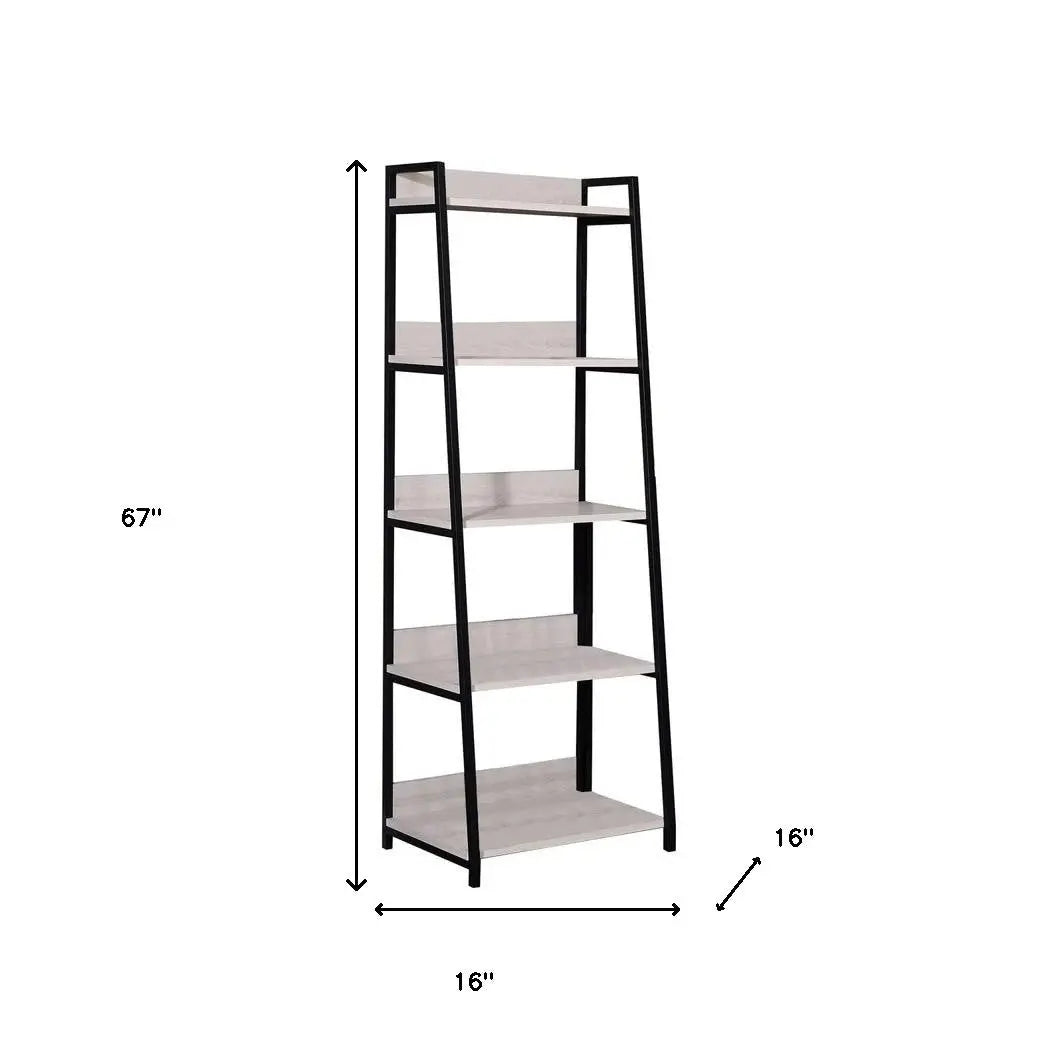 67" Natural and Black Metal Five Tier Ladder Bookcase Homeroots Office