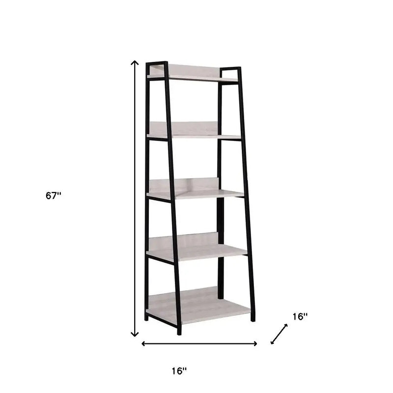 67" Natural and Black Metal Five Tier Ladder Bookcase Homeroots Office