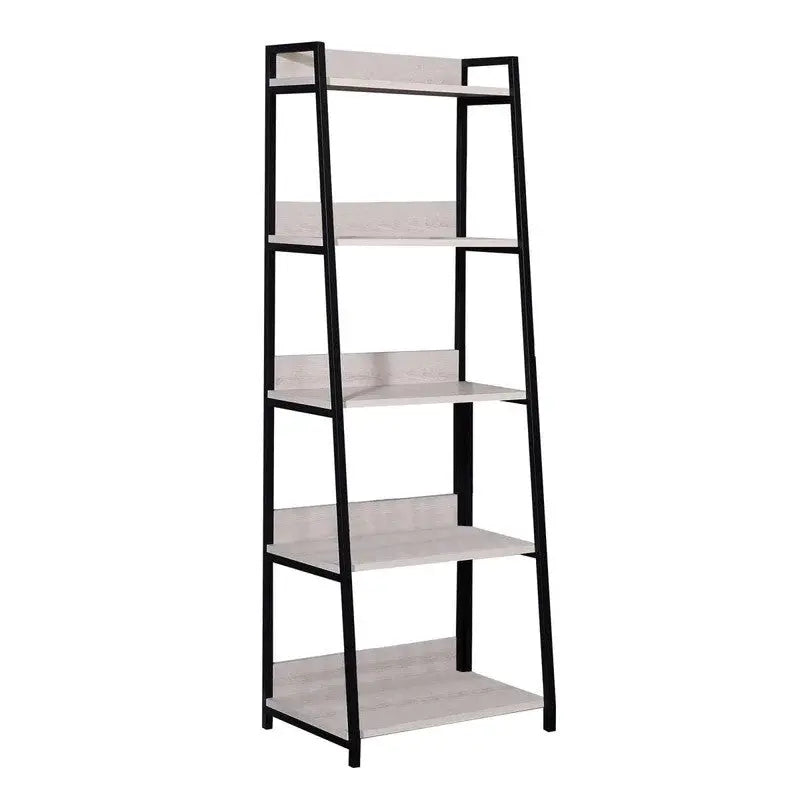 67" Natural and Black Metal Five Tier Ladder Bookcase Homeroots Office