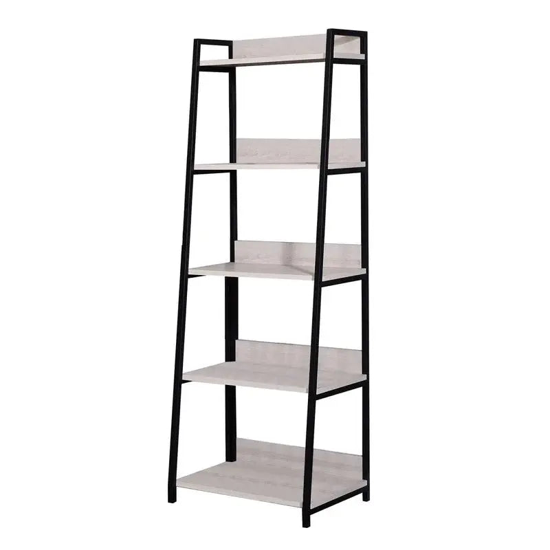 67" Natural and Black Metal Five Tier Ladder Bookcase Homeroots Office