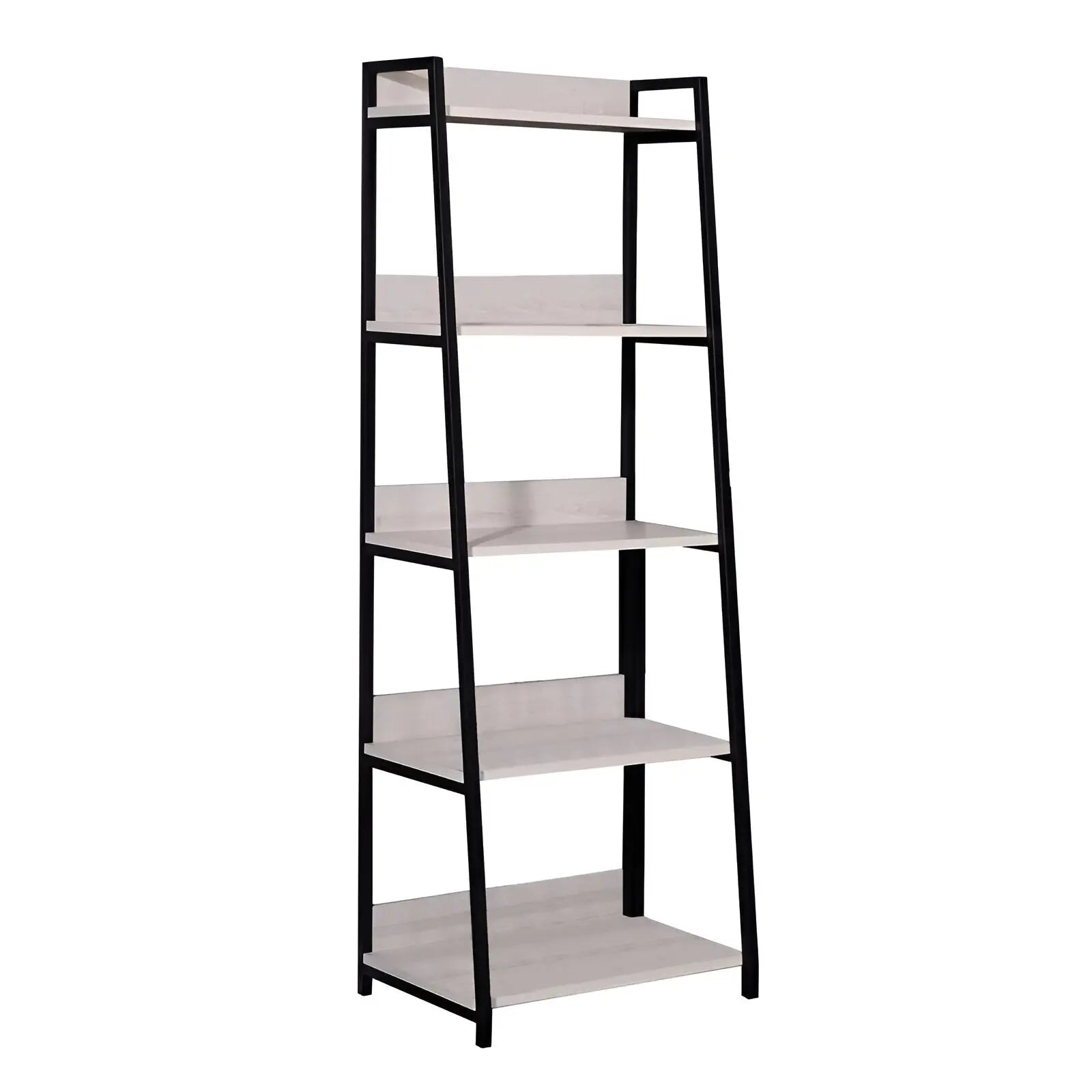 67" Natural and Black Metal Five Tier Ladder Bookcase Homeroots Office