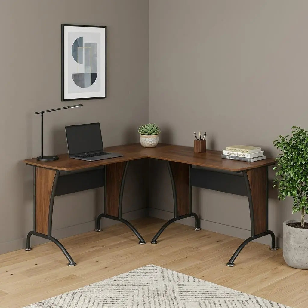 67" Walnut and Black Wood and Stainless Steel L Shape Computer Desk Homeroots Office