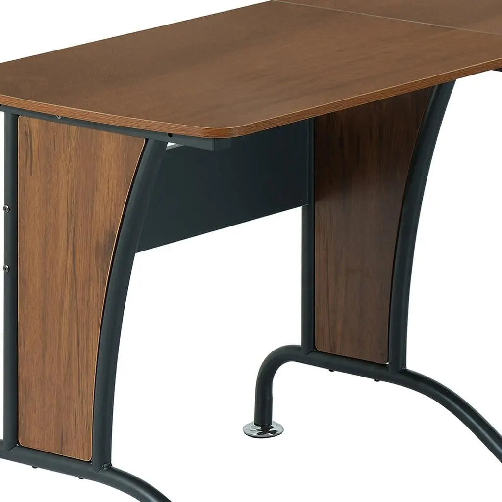 67" Walnut and Black Wood and Stainless Steel L Shape Computer Desk Homeroots Office