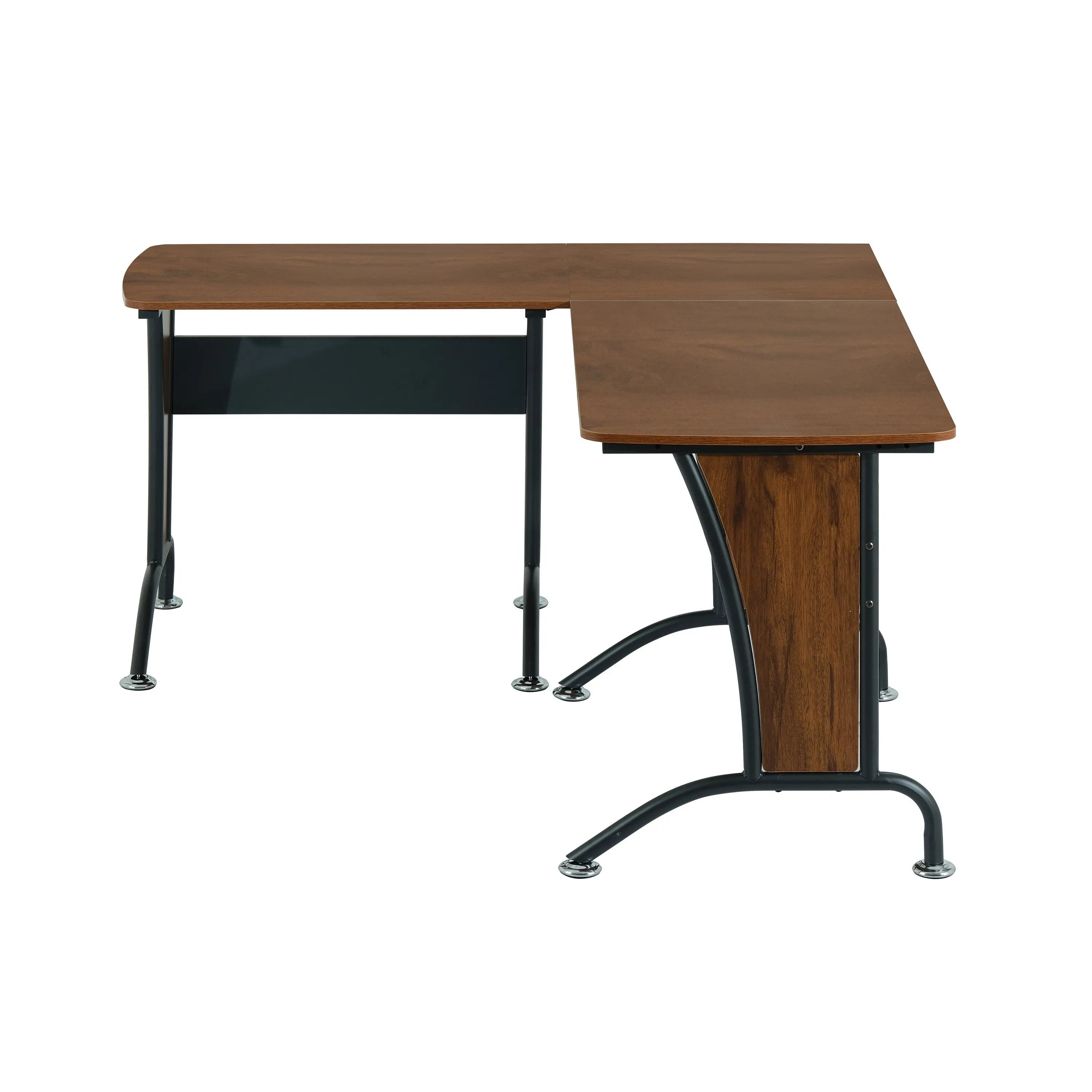 67" Walnut and Black Wood and Stainless Steel L Shape Computer Desk Homeroots Office