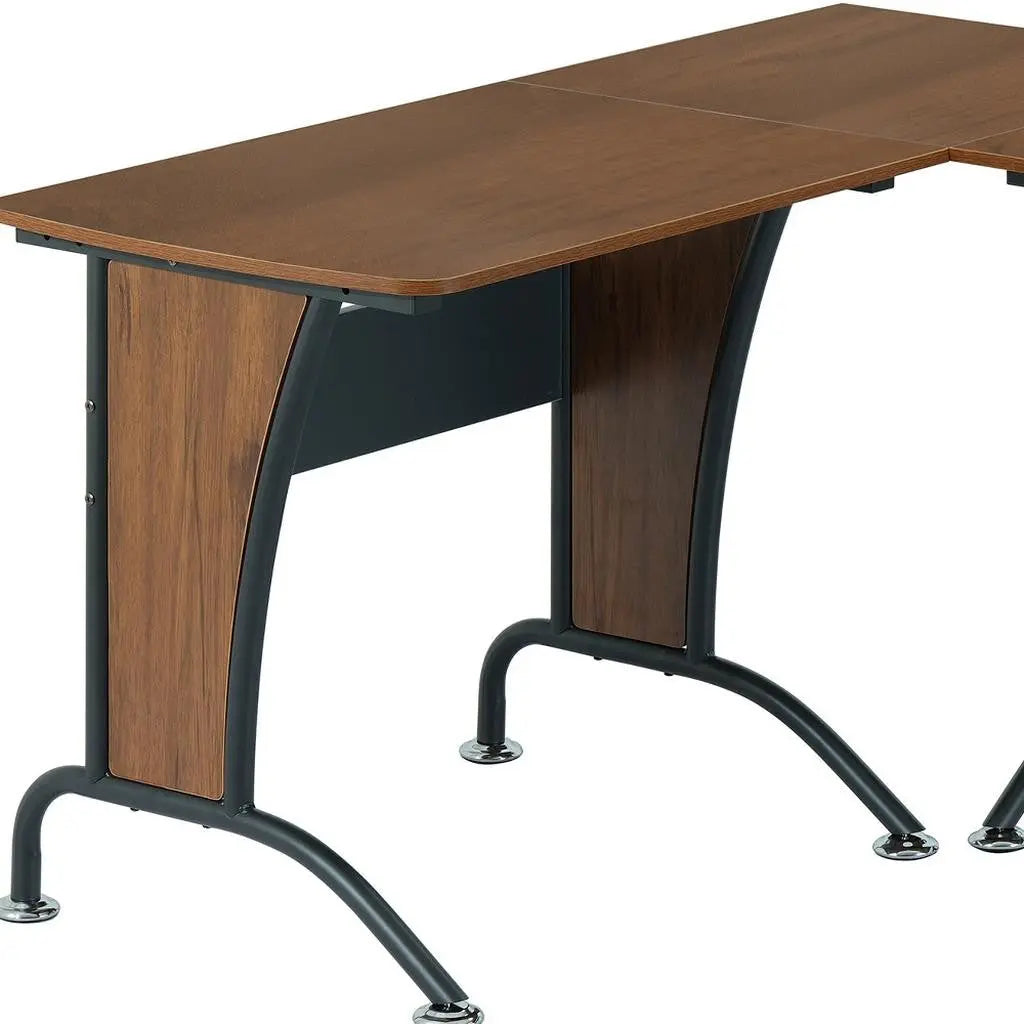 67" Walnut and Black Wood and Stainless Steel L Shape Computer Desk Homeroots Office