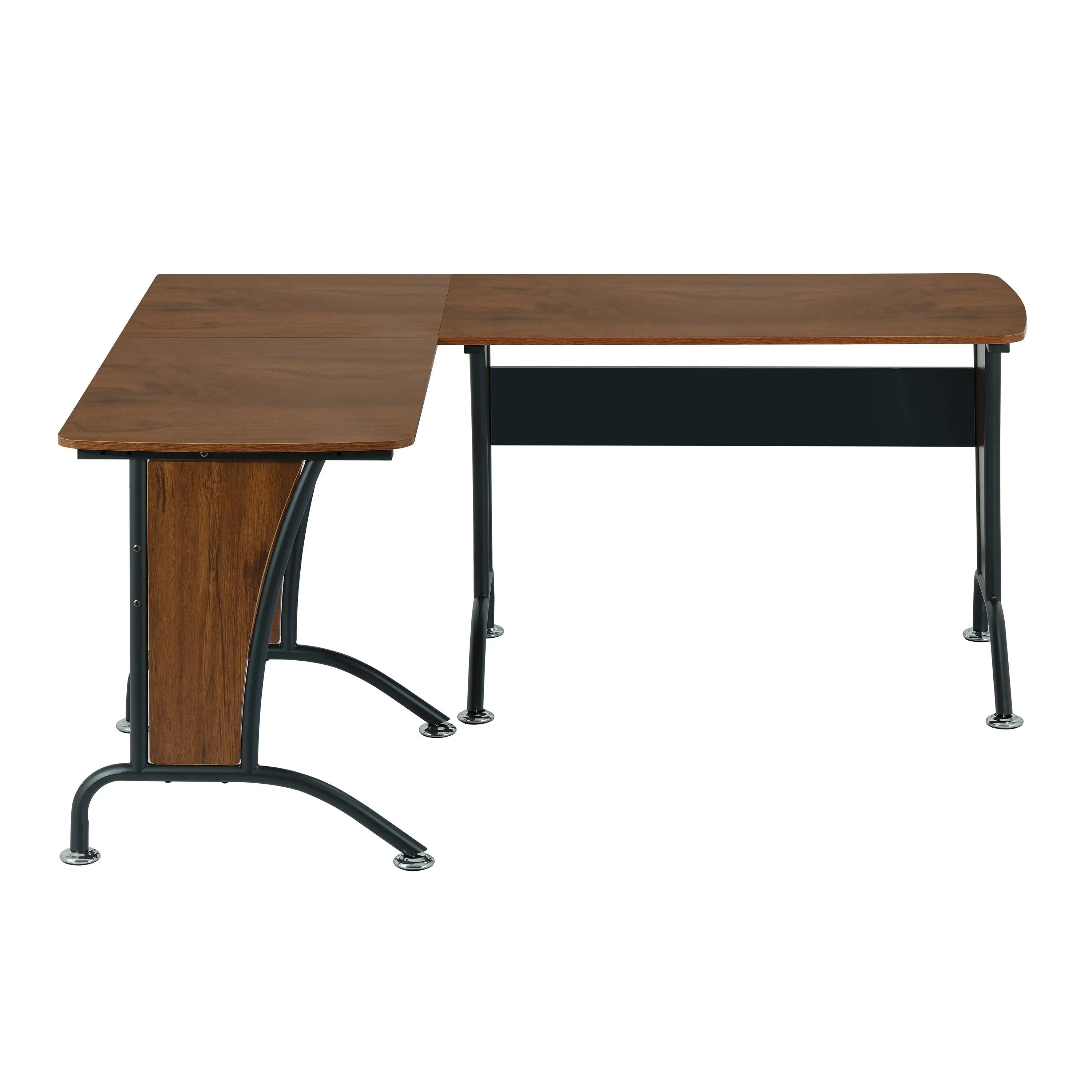 67" Walnut and Black Wood and Stainless Steel L Shape Computer Desk Homeroots Office