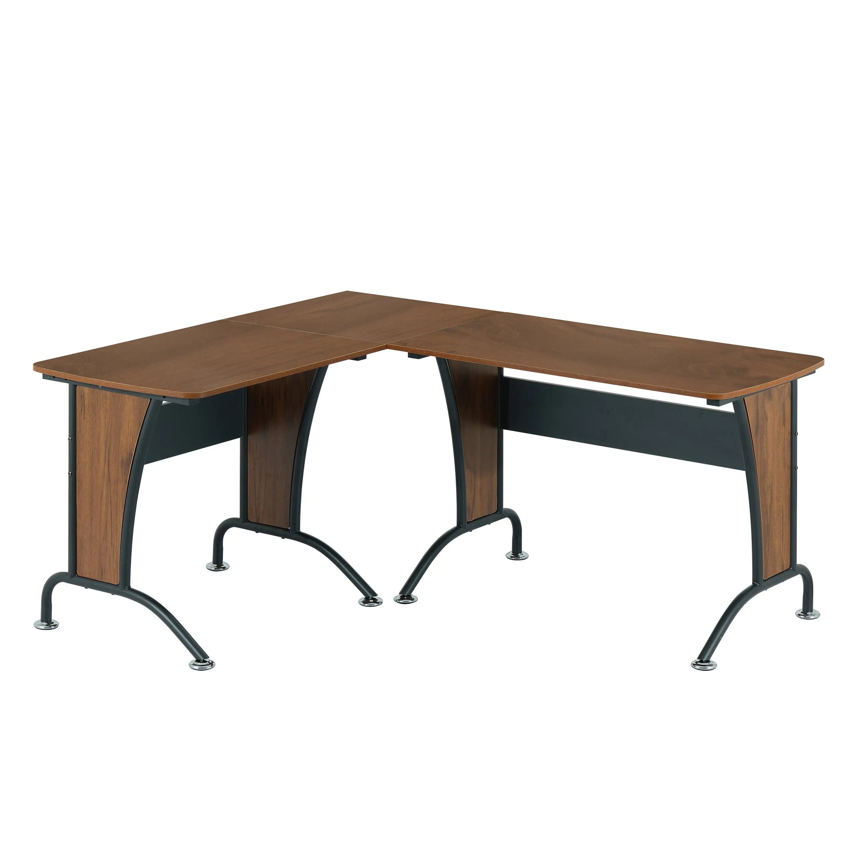 67" Walnut and Black Wood and Stainless Steel L Shape Computer Desk Homeroots Office
