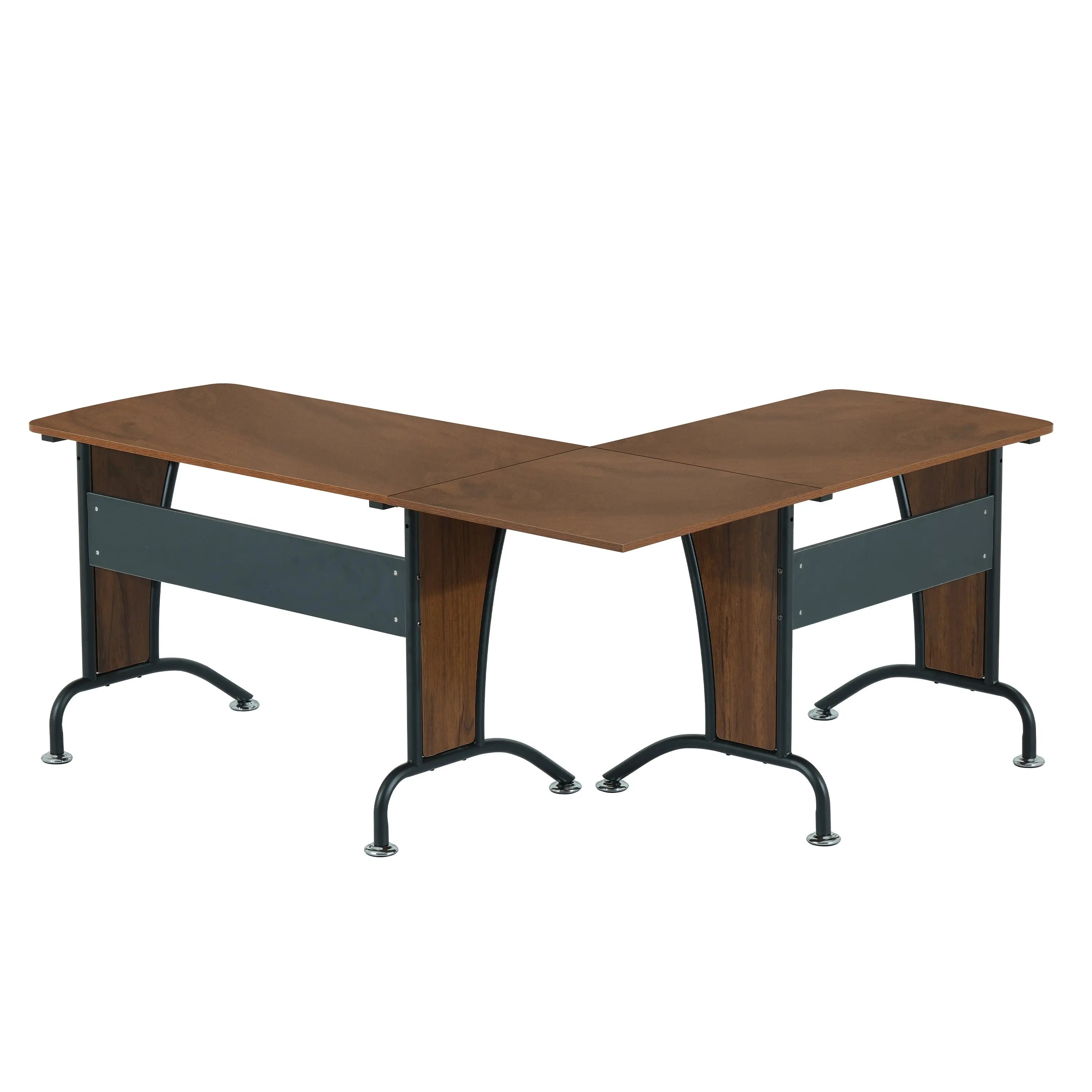 67" Walnut and Black Wood and Stainless Steel L Shape Computer Desk Homeroots Office