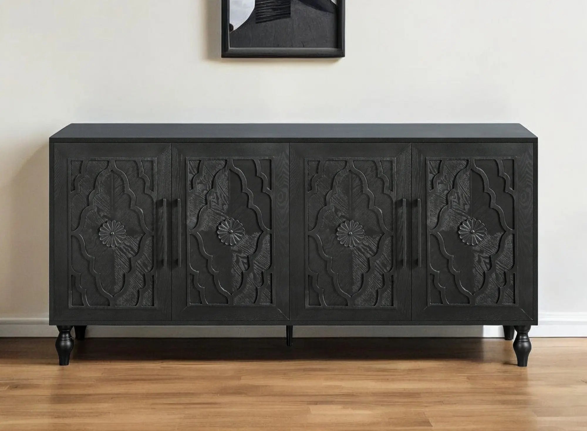 68" Black Distressed Carved Floral Sideboard with Four Doors Homeroots Kitchen & Dining