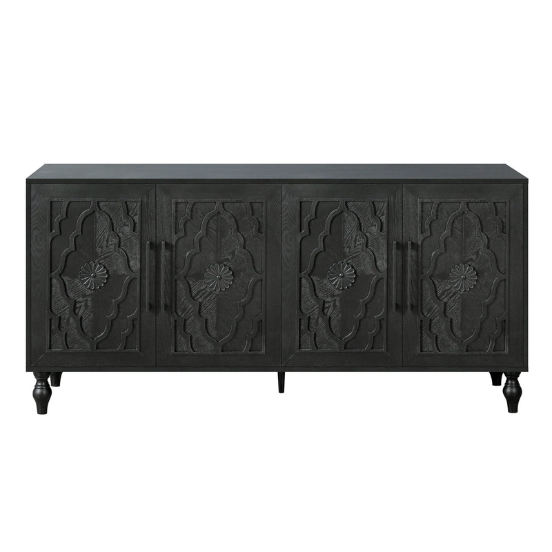 68" Black Distressed Carved Floral Sideboard with Four Doors Homeroots Kitchen & Dining